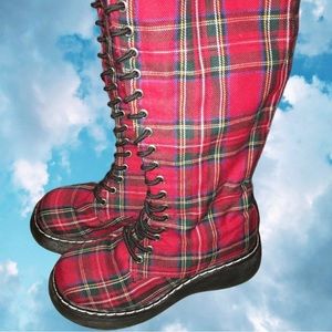 Red Plaid Knee High Platform Boots
